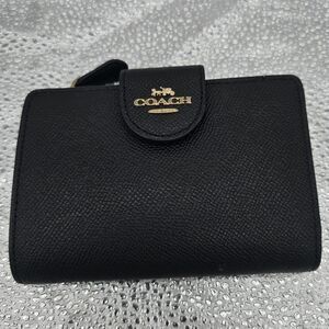 COACH Medium Corner Zip Wallet Black Gold Bifold Crossgrain Leather 6390